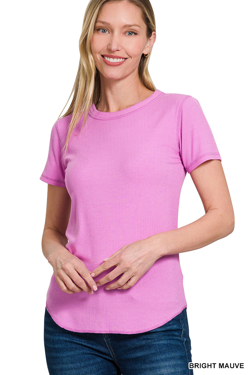 Ribbed Curved Round Neck Tee