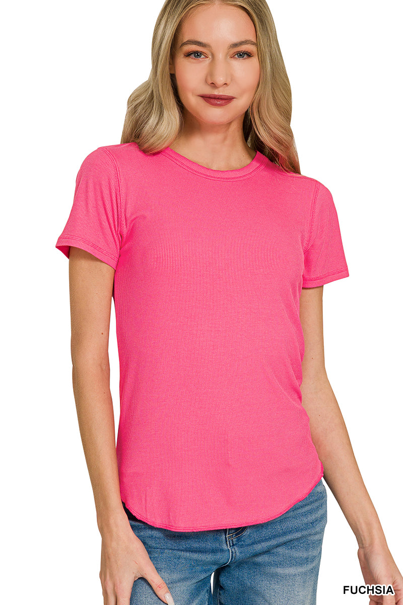 Ribbed Curved Round Neck Tee
