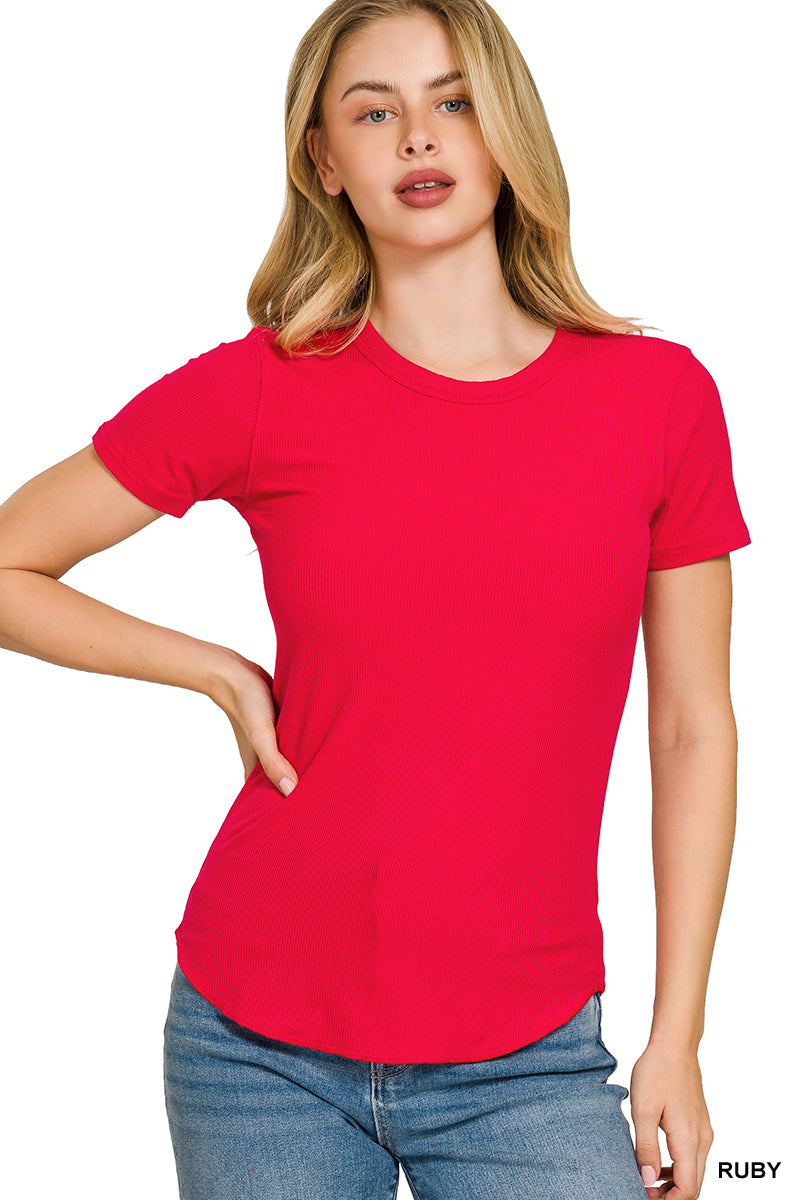 Ribbed Curved Round Neck Tee