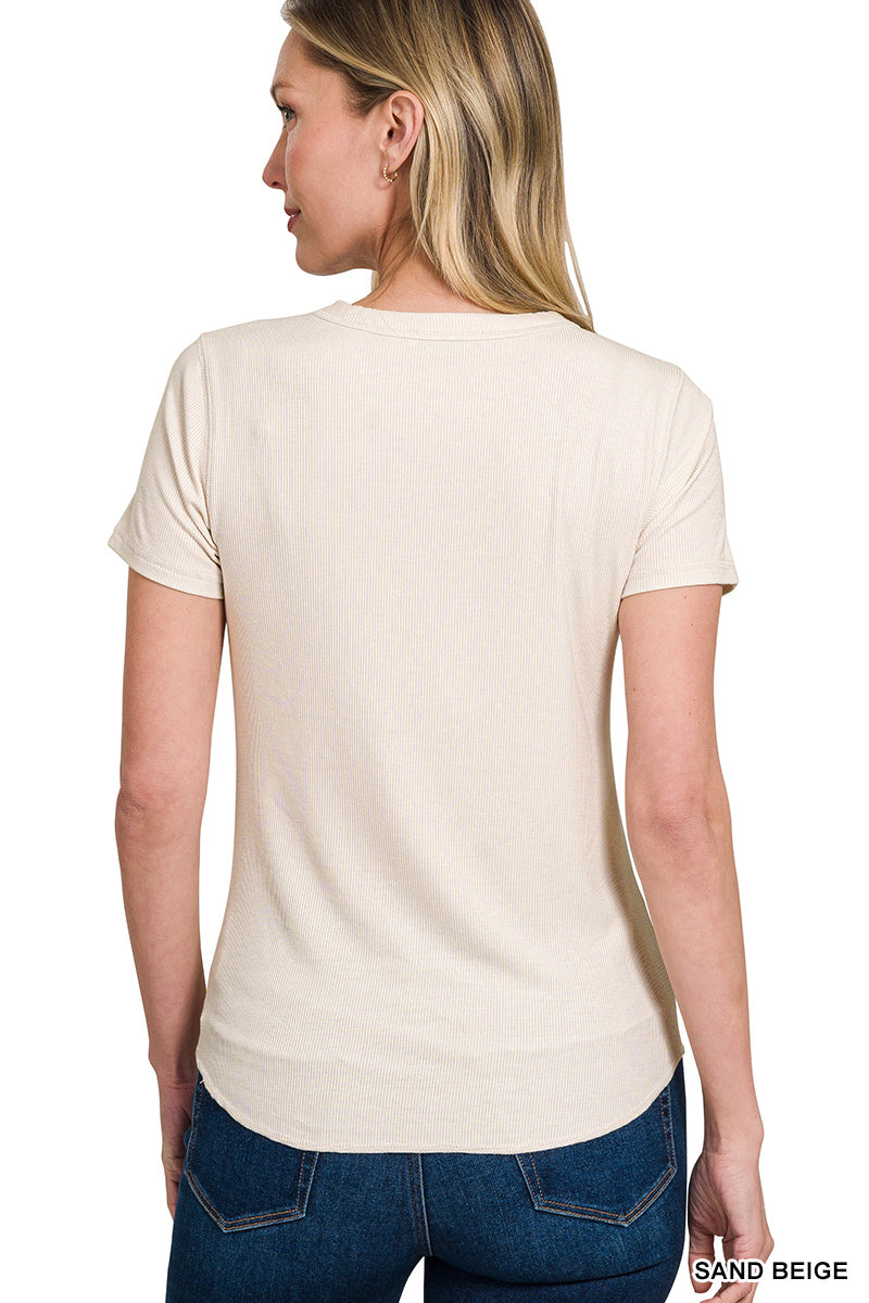 Ribbed Curved Round Neck Tee
