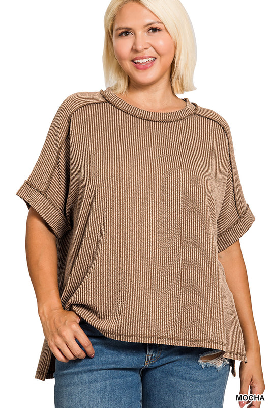 Curvy Raised Rib Cuff Sleeve Raw Edge Top