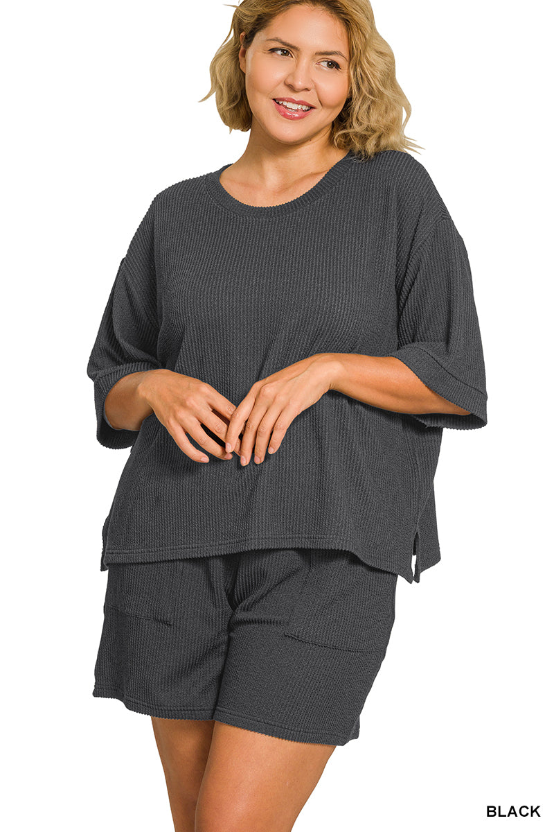 Plus Size Raised Rib Tee & Shorts Set