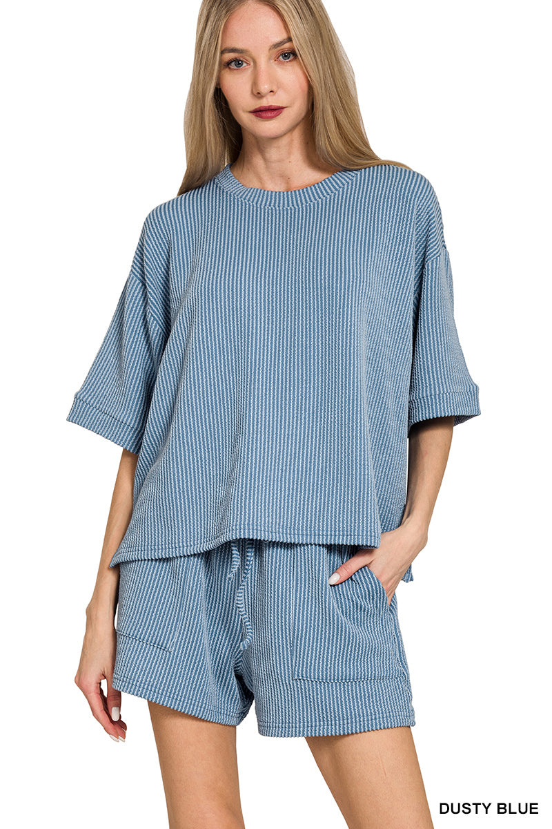 Ribbed Half Sleeve Tee & Short Pants 2PC Set