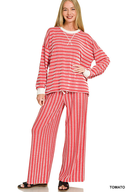 Raised Rib Striped Pullover & Pants Set
