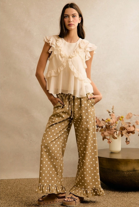 POLKA DOT PRINT WAIST ELASTIC RUFFLE PANTS