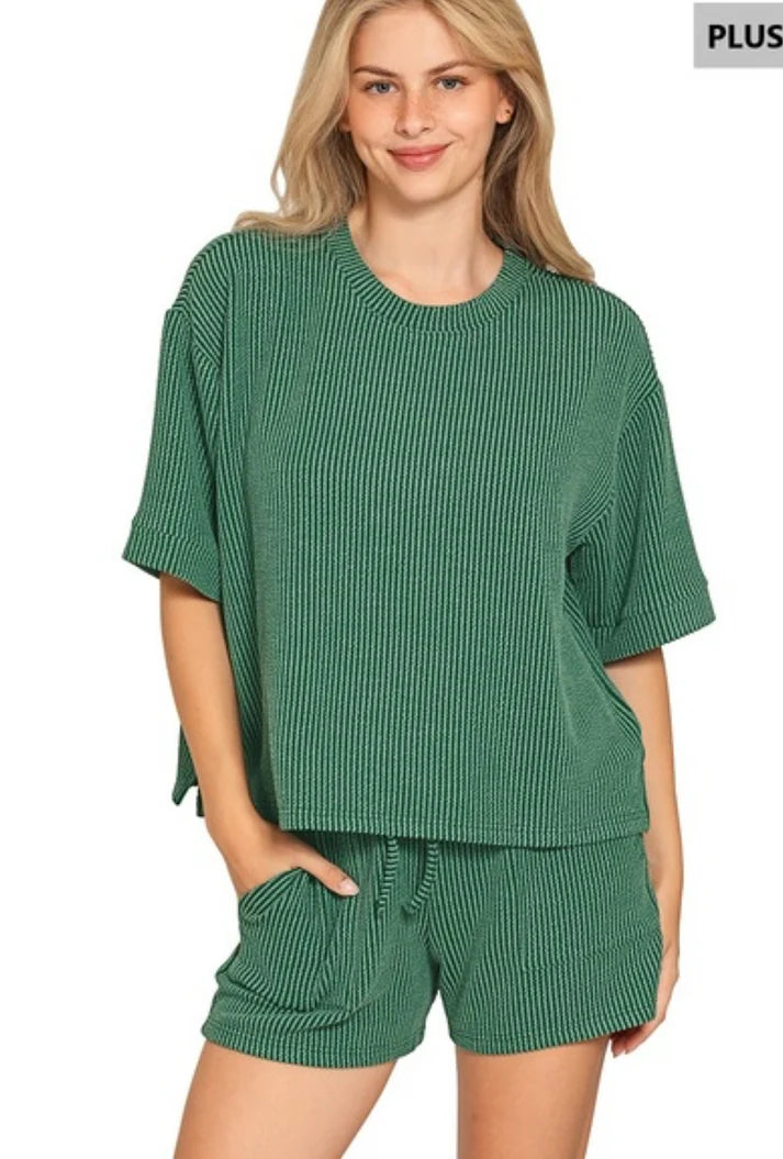 Plus Size Raised Rib Tee & Shorts Set