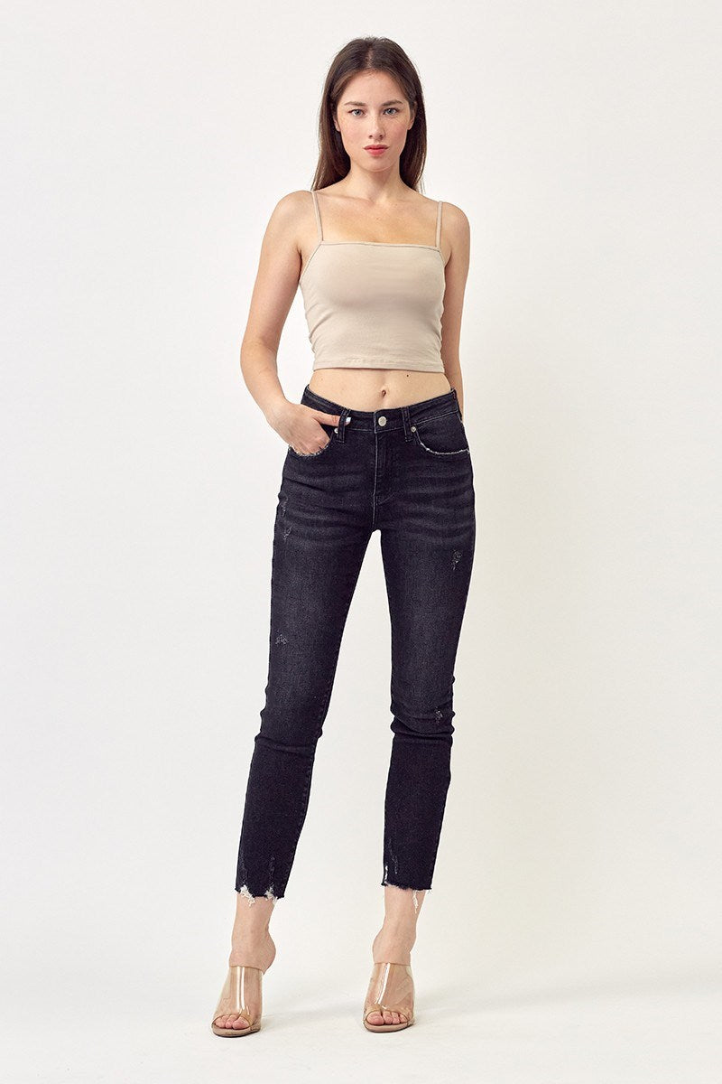 Mid Rise Raw Hem Skinny