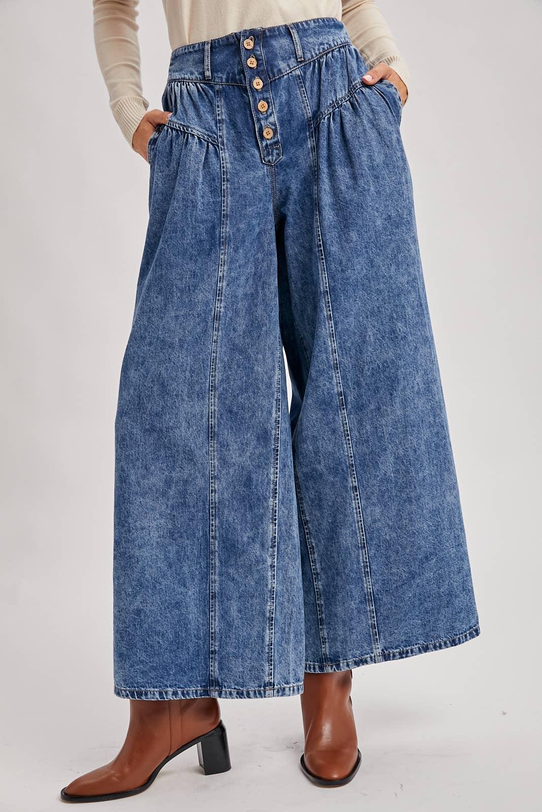 DENIM PLEATED RETRO HIGH-RISE WIDE LEG JEANS - Southern Sassy Boutique