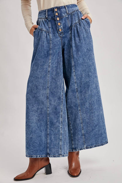 DENIM PLEATED RETRO HIGH-RISE WIDE LEG JEANS - Southern Sassy Boutique