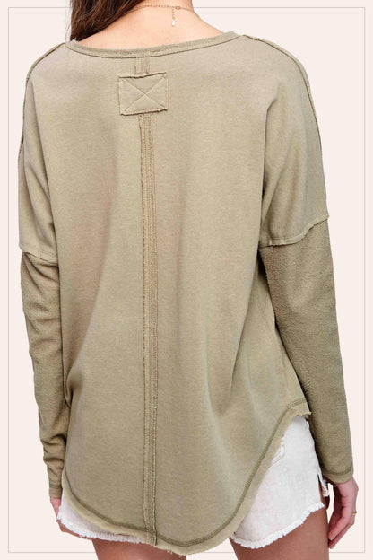 Textured Fabric Contrast Terry Long Sleeve Top - Southern Sassy Boutique