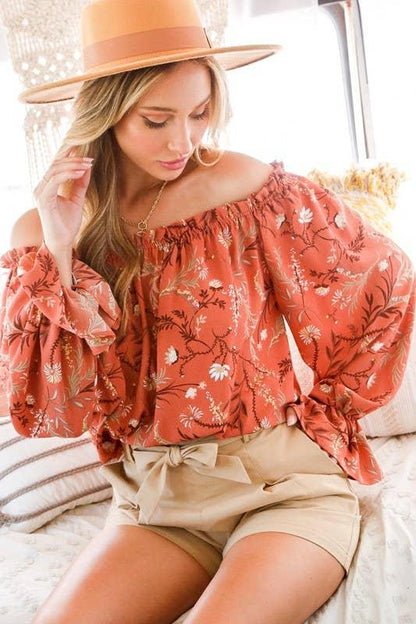 Floral Eyelet Lace Tie Front V-Neck Long Puff Blouse Top Off Shoulder Woven Blouse Top - Southern Sassy Boutique