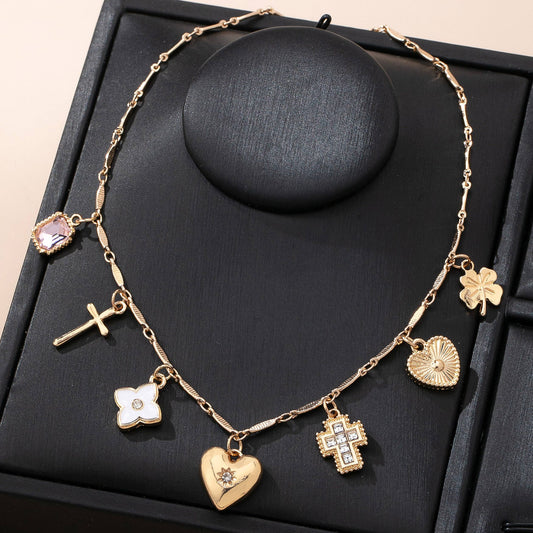 Charm Necklace with crosses hearts flowers clovers