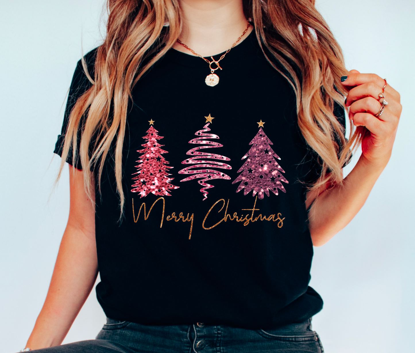 Faux Sequins Preppy Christmas Trees Graphic Tee - Southern Sassy Boutique