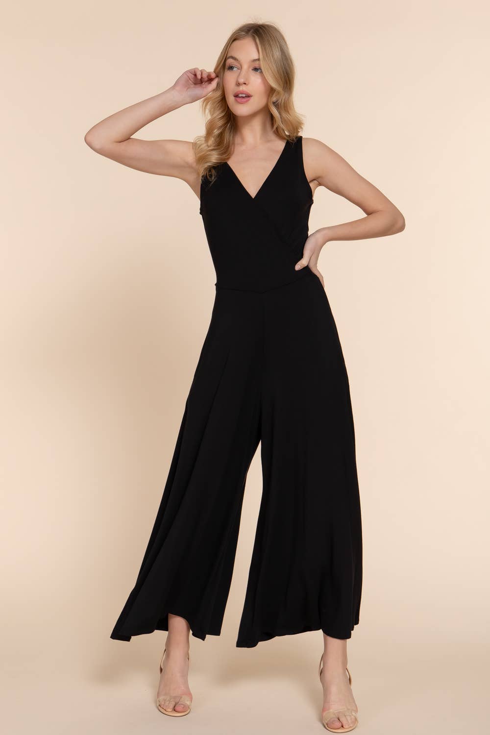 Double V Neck Surplice Knit Jumpsuit w/ Side Pocket