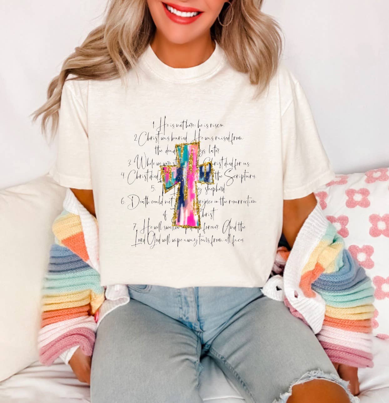 Watercolor Easter Script Cross Faith Graphic Tee - Southern Sassy Boutique