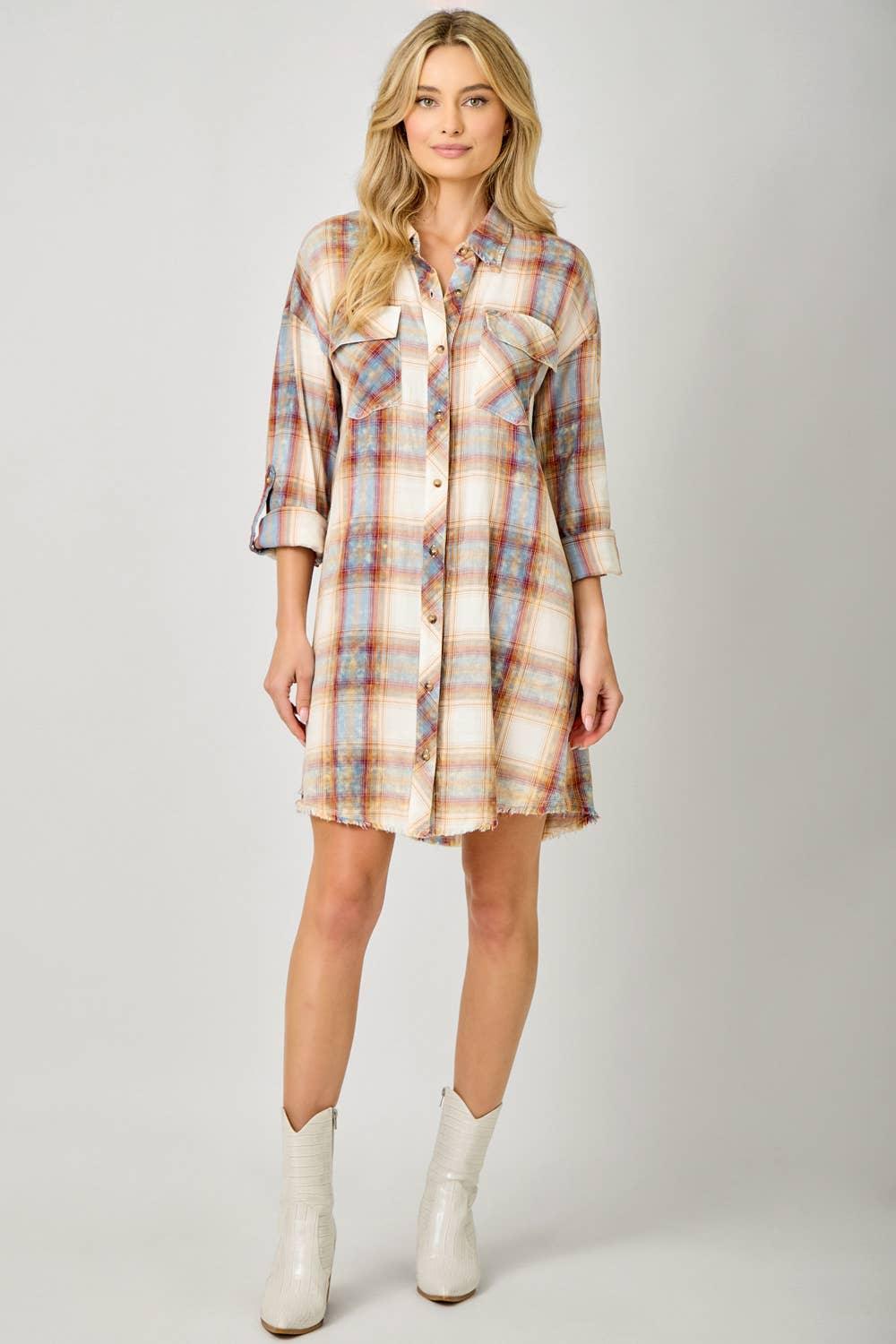 Washed Plaid Shirt Dress - Southern Sassy Boutique