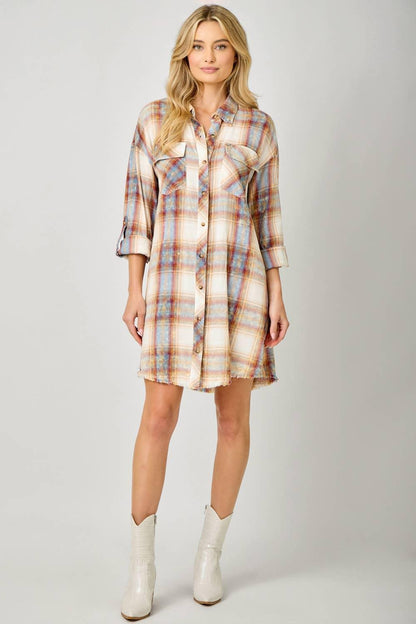 Washed Plaid Shirt Dress - Southern Sassy Boutique