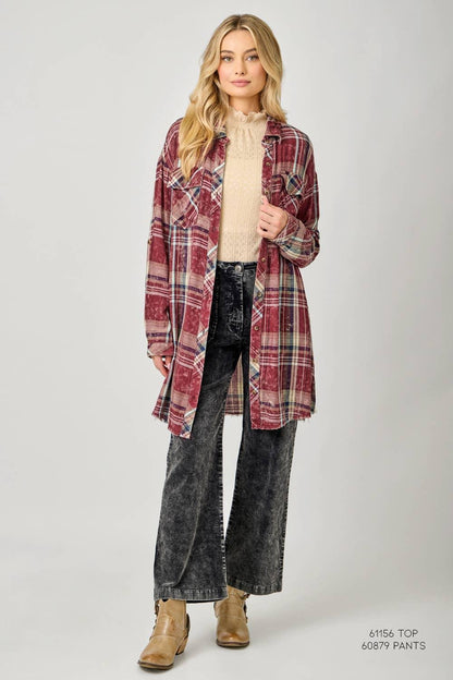 Washed Plaid Shirt Dress - Southern Sassy Boutique