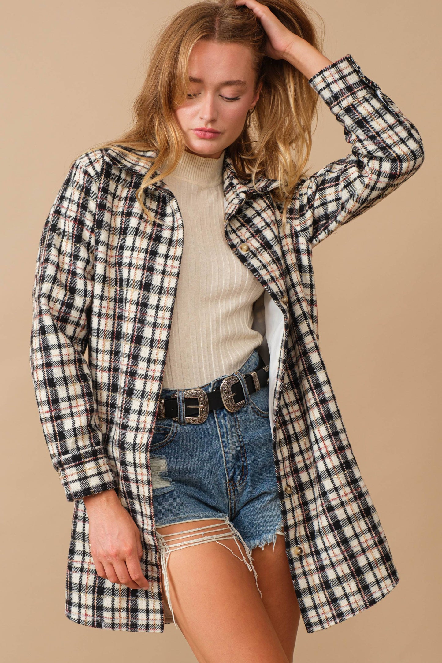 Yarn Dyed Plaid Metallic Wool Blend Button Jacket