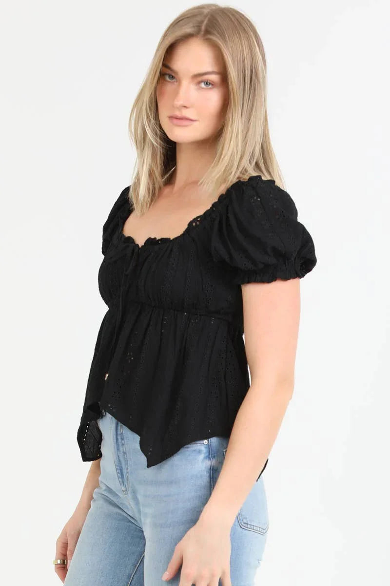 EYELET EMBOIDERED PUFF SLEEVE HANKY HEM TOP - Southern Sassy Boutique