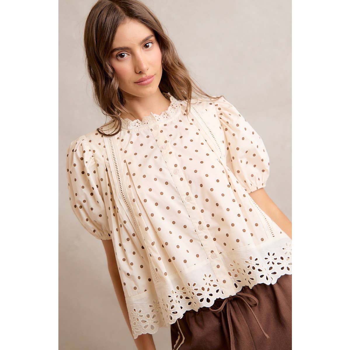 Polka Dot Cotton Lace Trim Blouse
