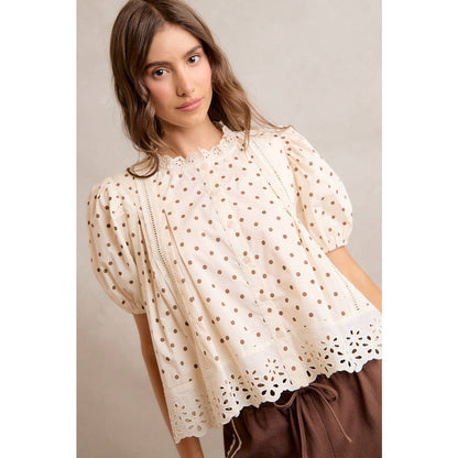 Polka Dot Cotton Lace Trim Blouse