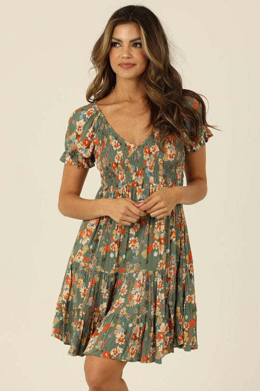 V NECK SMOCKED BODICE SHORT SLEEVE DRESS - Southern Sassy Boutique