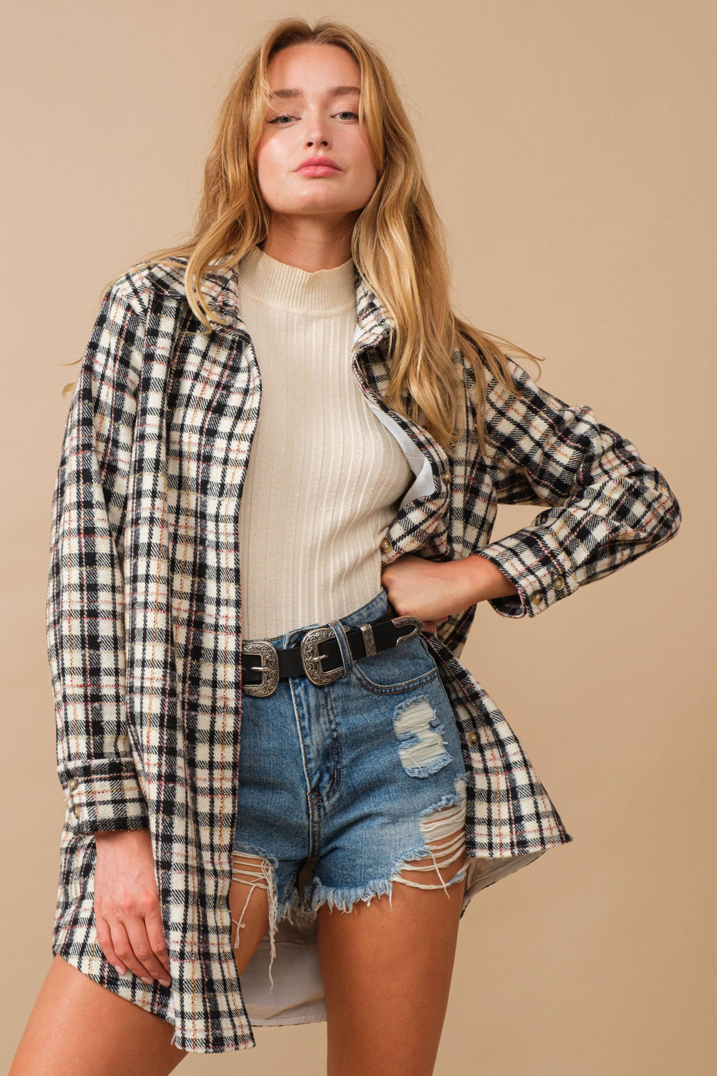 Yarn Dyed Plaid Metallic Wool Blend Button Jacket