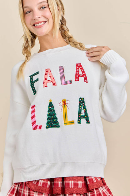 Festive Holiday Falala Embroidered Sweater Knit Top - Southern Sassy Boutique