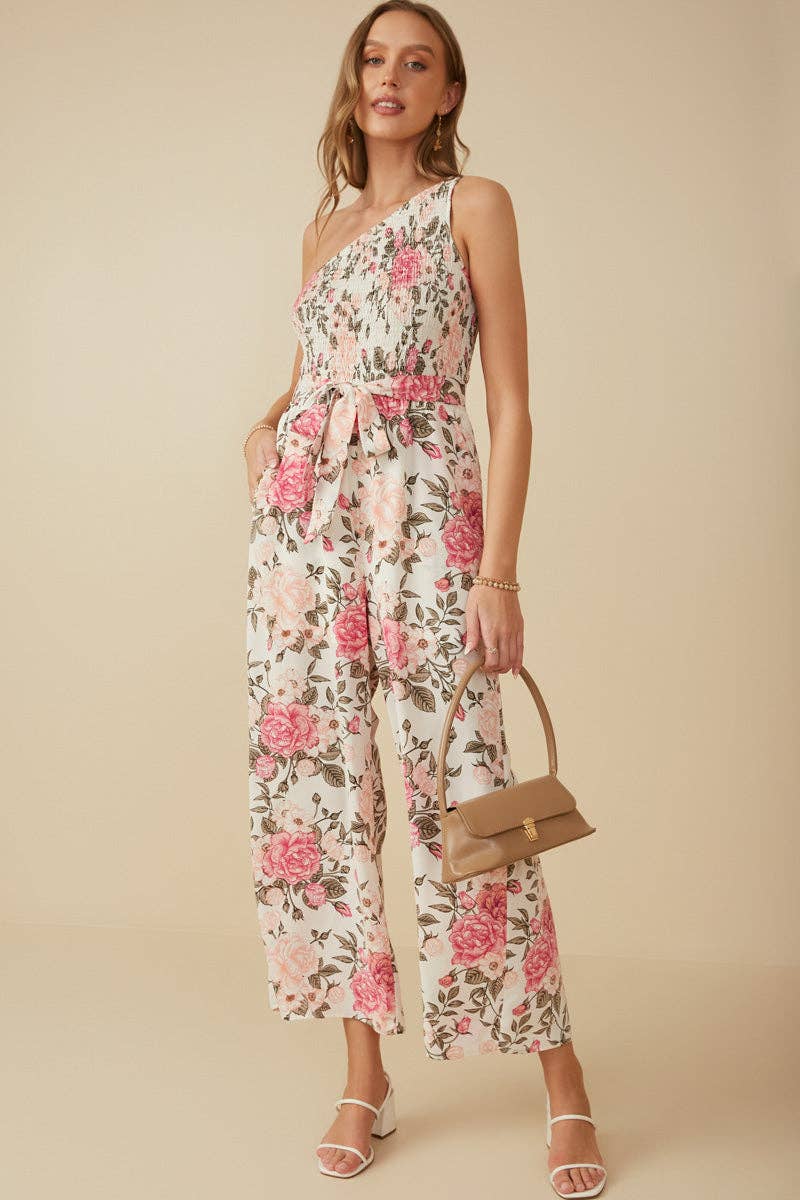 Romantic Floral Smocked One Shoulder Jumpsuit