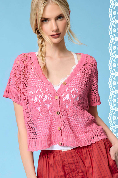 Open Knit Scallop Edge Button Down Cardigan