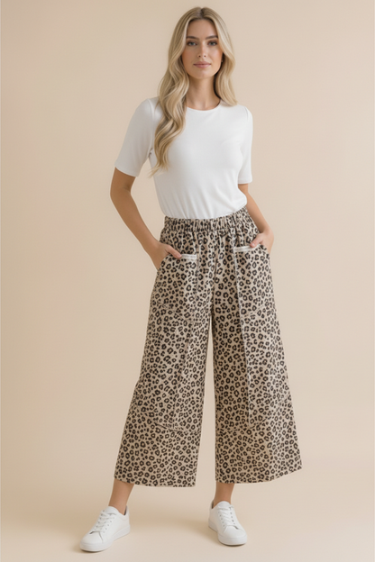 Curvy Leopard French Terry Wide Leg Pocket Pants