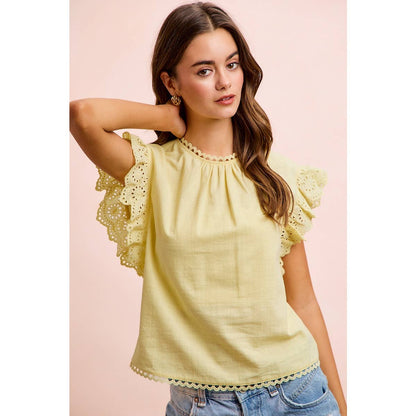 COTTON SOLID RUFFLE SLEEVE LACE DETAIL BLOUSE TOP