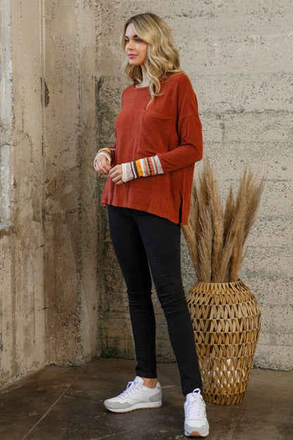 Knit Crew Neck Top Contrast Detail - Southern Sassy Boutique