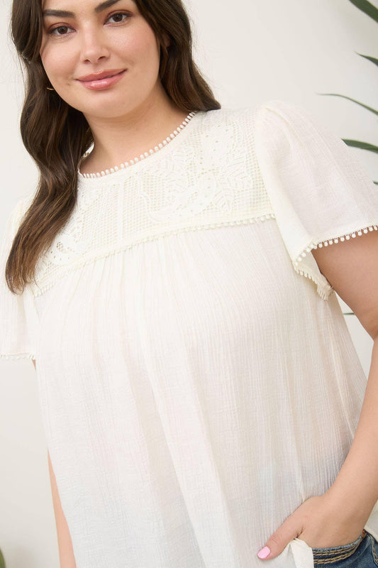 PLUS SHEER LACE YOKE SHORT SLEEVE POM POM BLOUSE - Southern Sassy Boutique