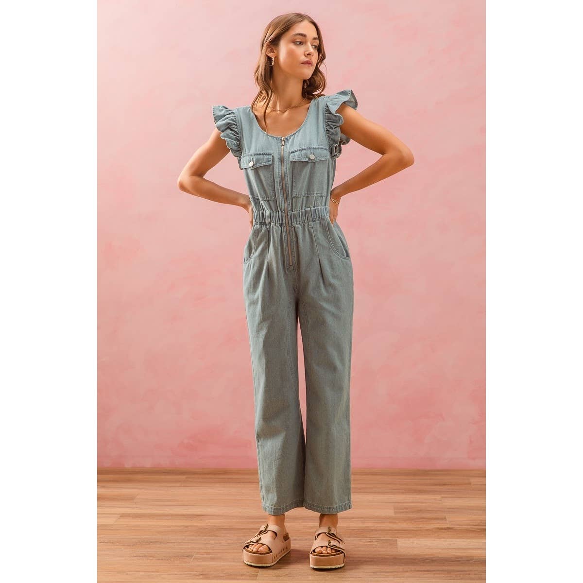 FRONT FLUTTER SLEEVE DENIM JUMPSUIT
