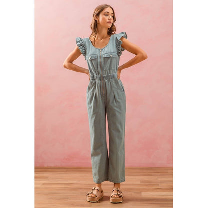 FRONT FLUTTER SLEEVE DENIM JUMPSUIT
