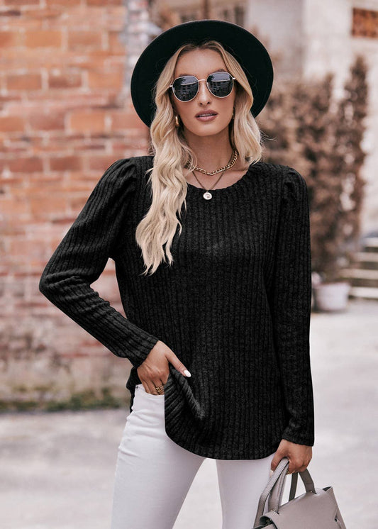 Soft Ribbed Knit Puff Sleeve Top