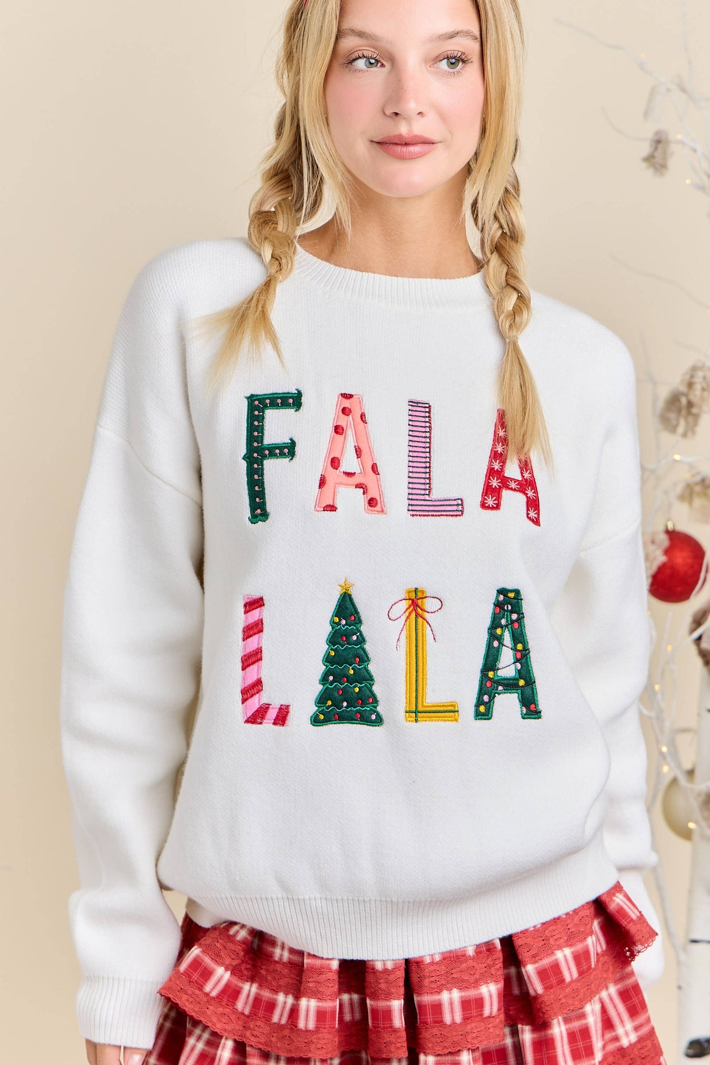 Festive Holiday Falala Embroidered Sweater Knit Top