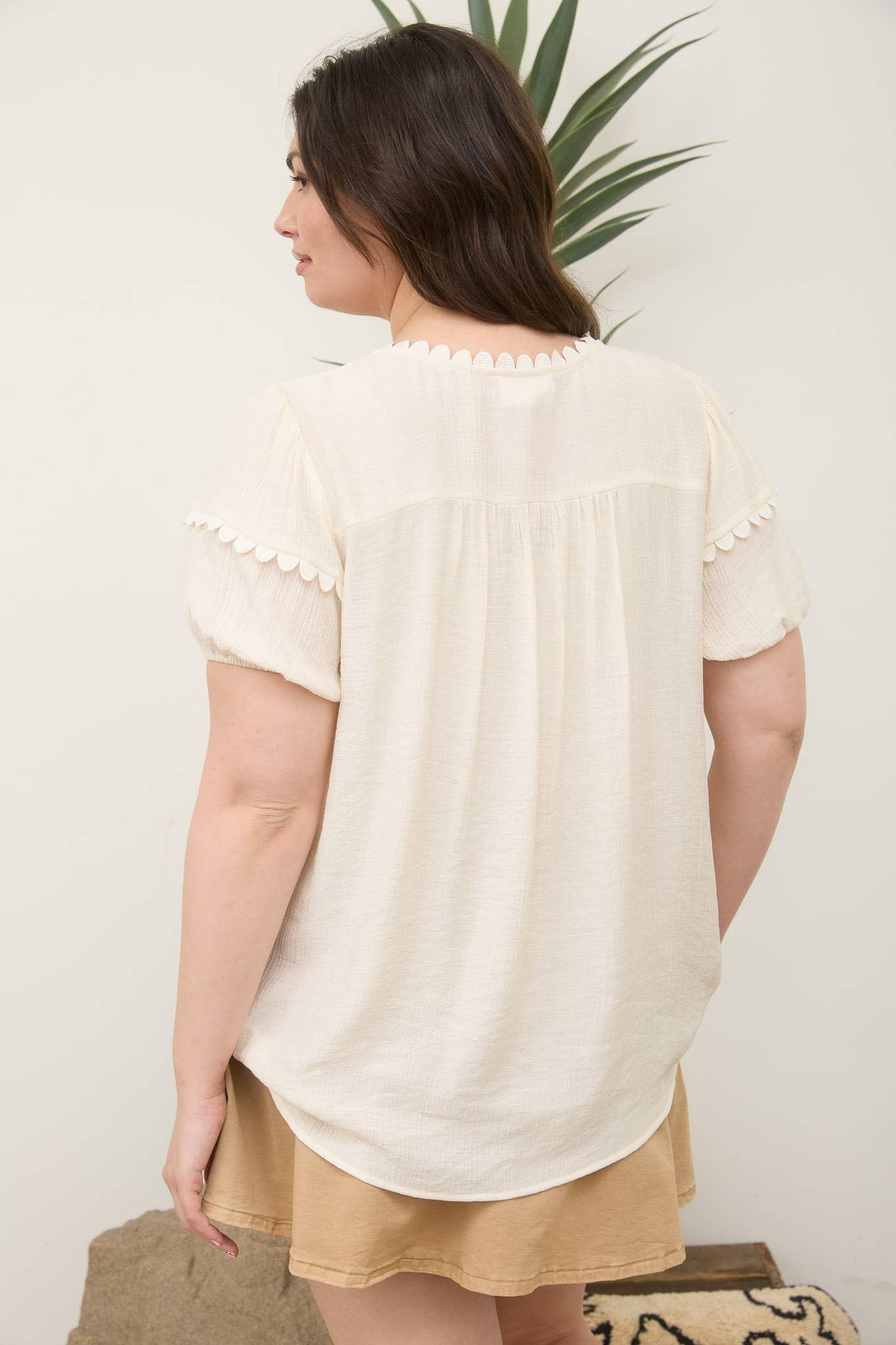 PLUS SCALLOP TRIM FRONT TIE DETAIL PUFF SLEEVE TOP - Southern Sassy Boutique