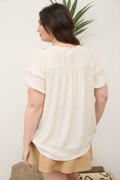 PLUS SCALLOP TRIM FRONT TIE DETAIL PUFF SLEEVE TOP - Southern Sassy Boutique