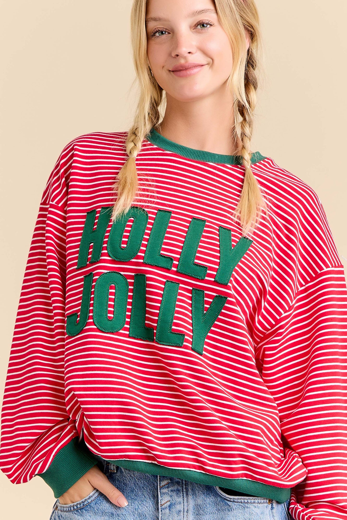 Holly Jolly Patchwork Over Stripe Pullover