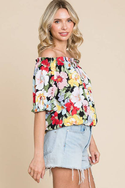 Curvy Of Shoulder Floral Top with Puff Sleeves
