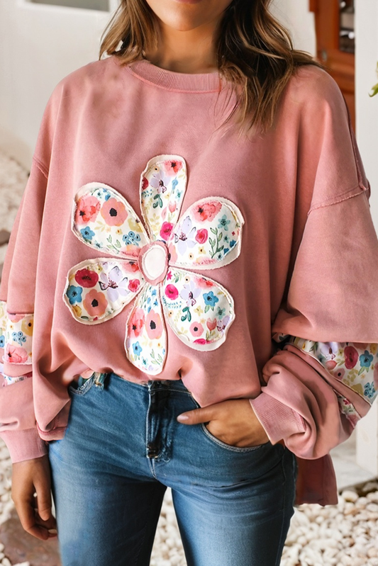 Rose Floral Applique Pullover Sweatshirt
