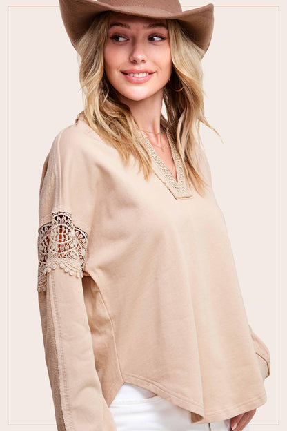 Embroidered Crochet V-neck Long Sleeve Top - Southern Sassy Boutique