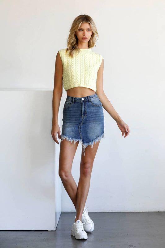 High Rise Stretch Frayed Hem Mini Denim Skirt