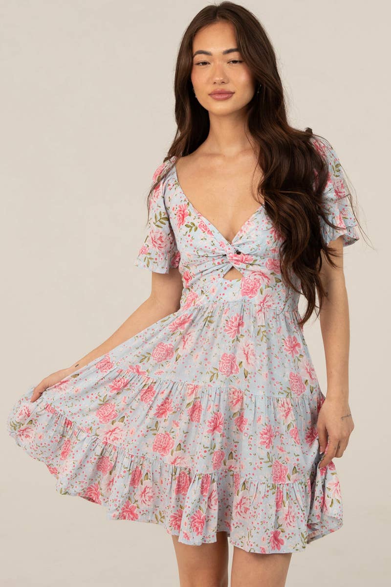 Twist Front Cut Out Floral Dress