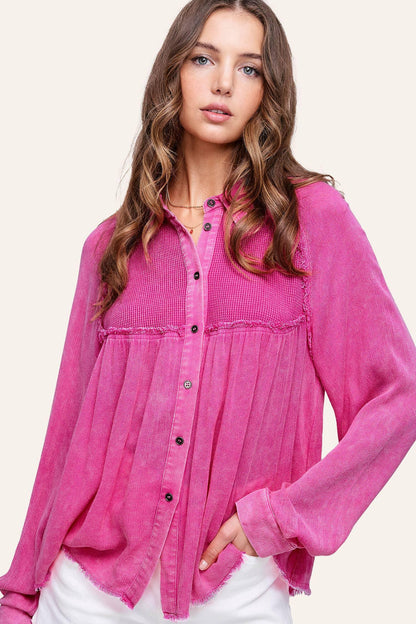 Soft Washed Button Down Waffle Textured Gauze Shirts - Southern Sassy Boutique