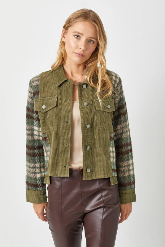 Plaid Sleeve Corduroy Jacket - Southern Sassy Boutique