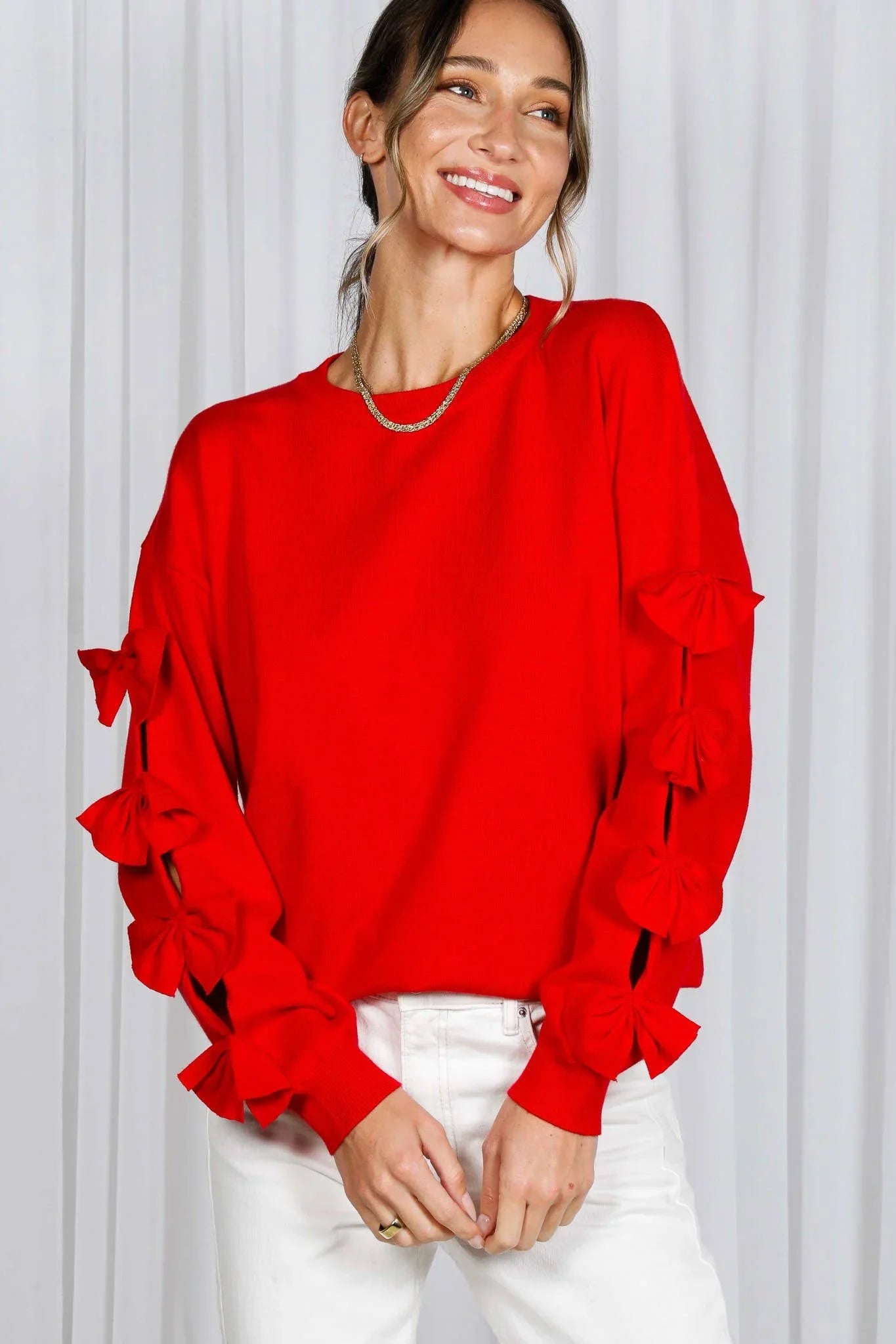 Bow Embellished Long-Sleeve Crew Neck Knit Sweater VT82605- - Southern Sassy Boutique